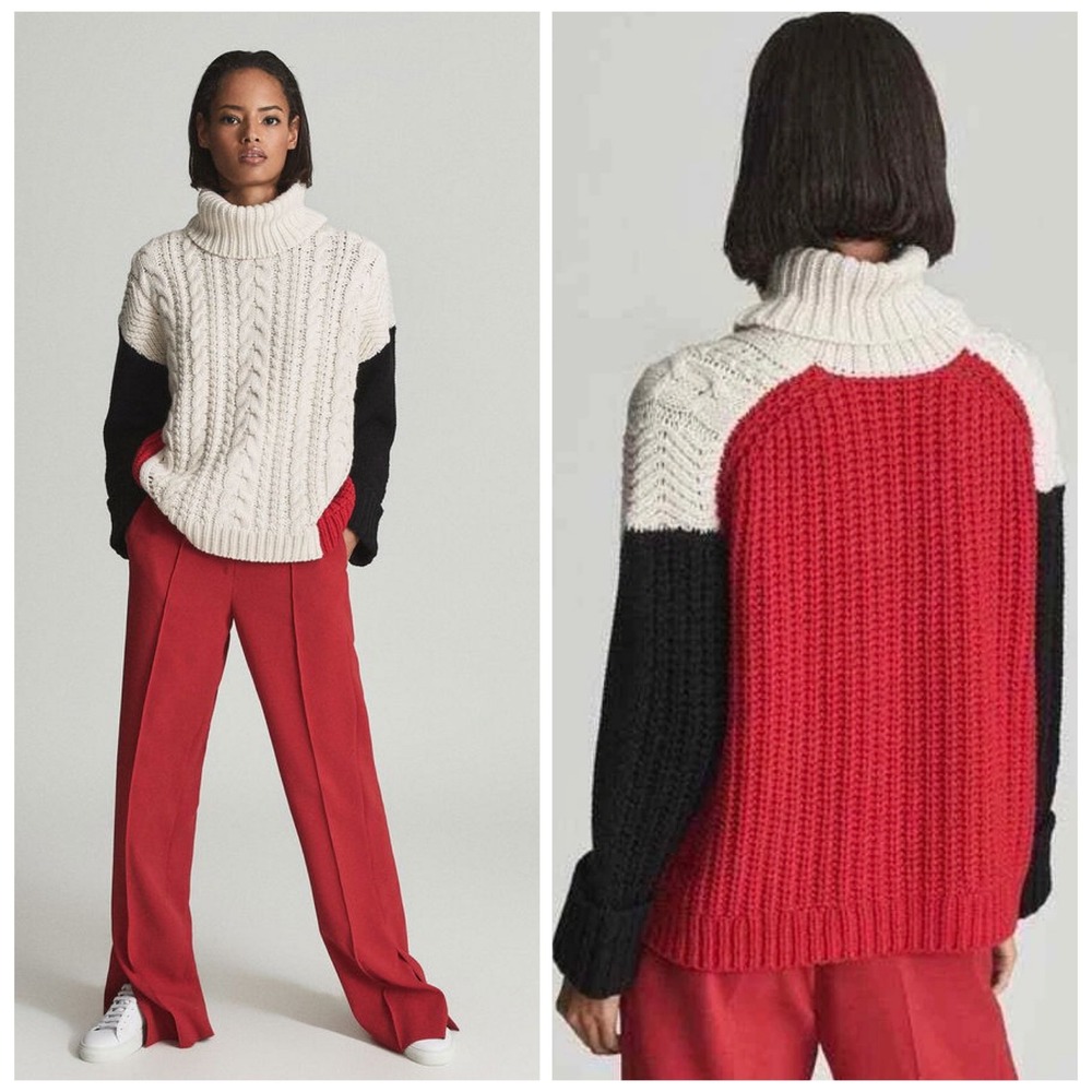 Reiss Jan Colour Block Roll Neck Jumper Womens Size S Multi Cable Fisherman Knit